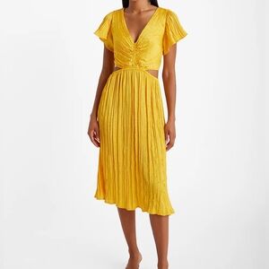 Express Satin V-Neck Flutter Sleeve Pleated Cutout Midi Dress.